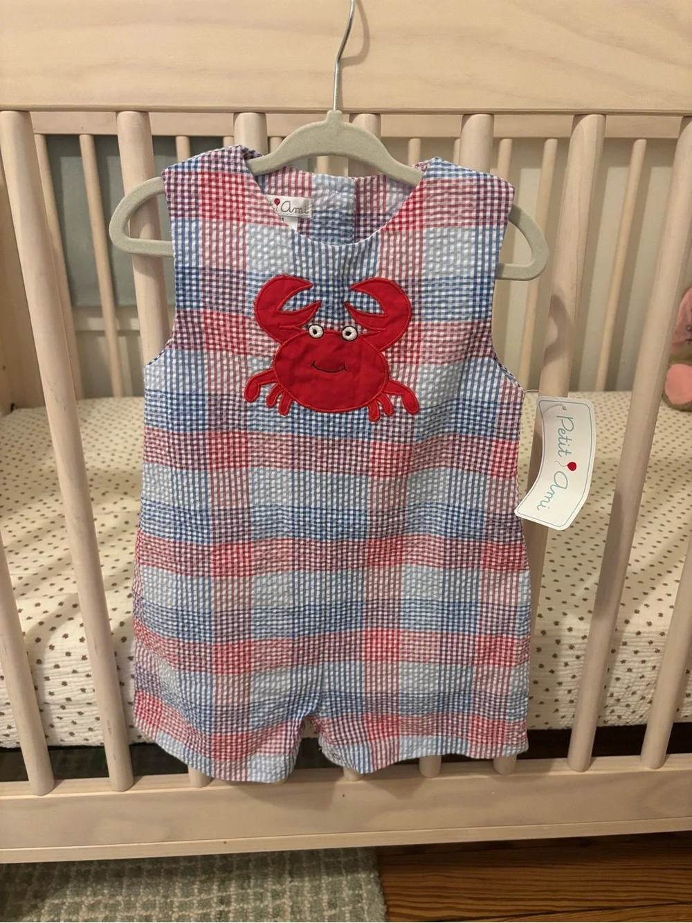 Petit Ami Blue and Red Plaid Crab Applique Romper